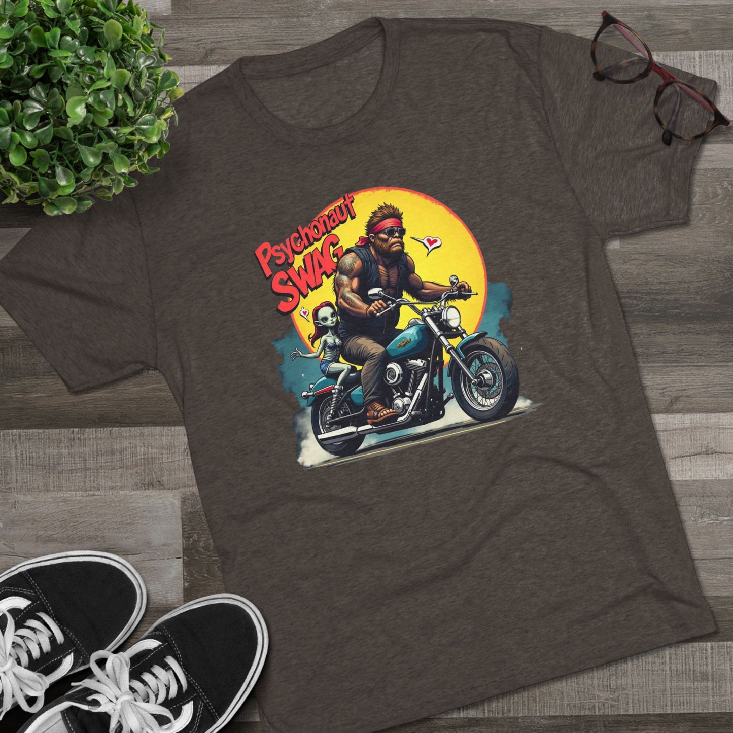 Psychonaut Swag Bigfoot on Motorcycle T-Shirt — Retro Biker Graphic Tee