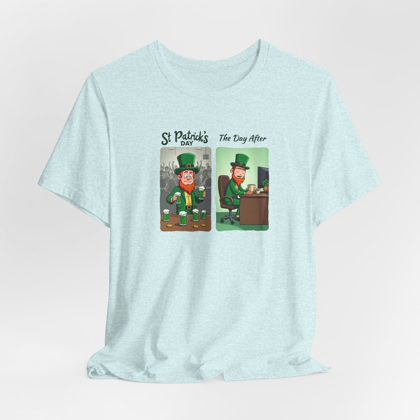 St. Patrick's Day Leprechaun Funny Cartoon T-Shirt — "St. Patrick's Day / The Day After" Tee