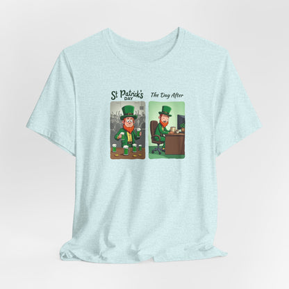 St. Patrick's Day Leprechaun Funny Cartoon T-Shirt — "St. Patrick's Day / The Day After" Tee