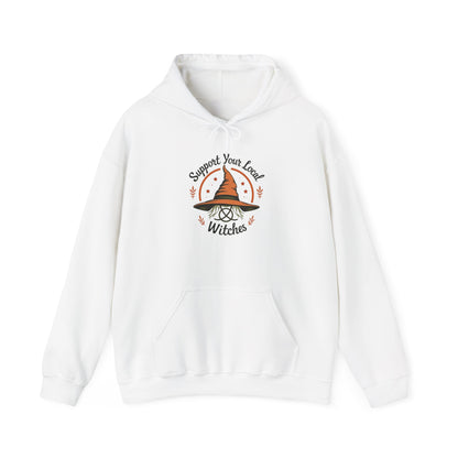 Support Your Local Witches Hoodie — Cute Witch Hat Graphic Pullover for Halloween