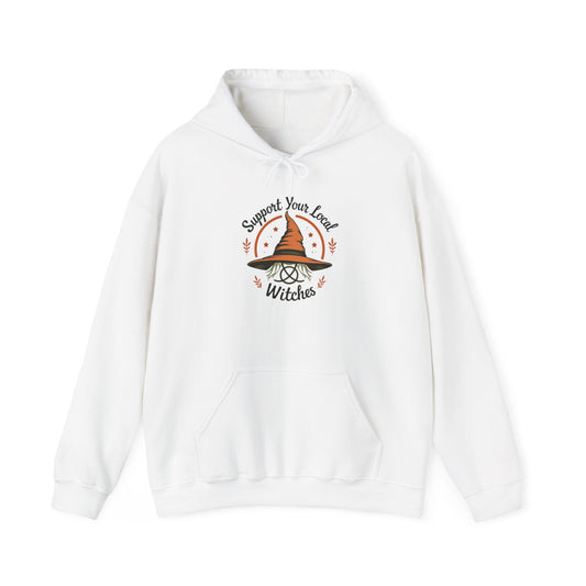 Support Your Local Witches Hoodie — Cute Witch Hat Graphic Pullover for Halloween