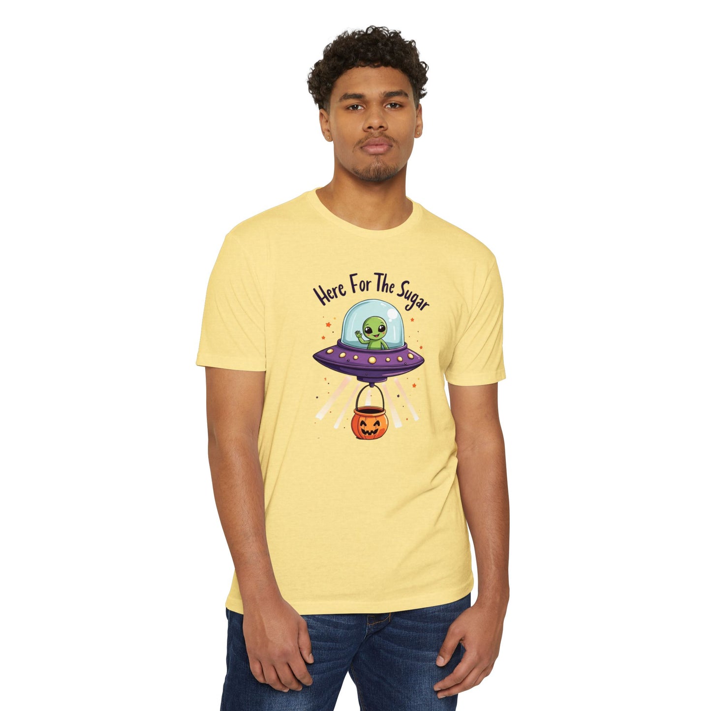 Halloween Alien T-Shirt — "Here For The Sugar" Cute UFO Trick-or-Treat Tee