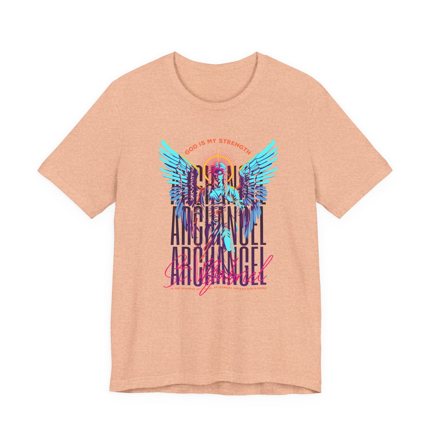 St. Gabriel Angel Tee — "God Is My Strength" Neon Graphic T-Shirt