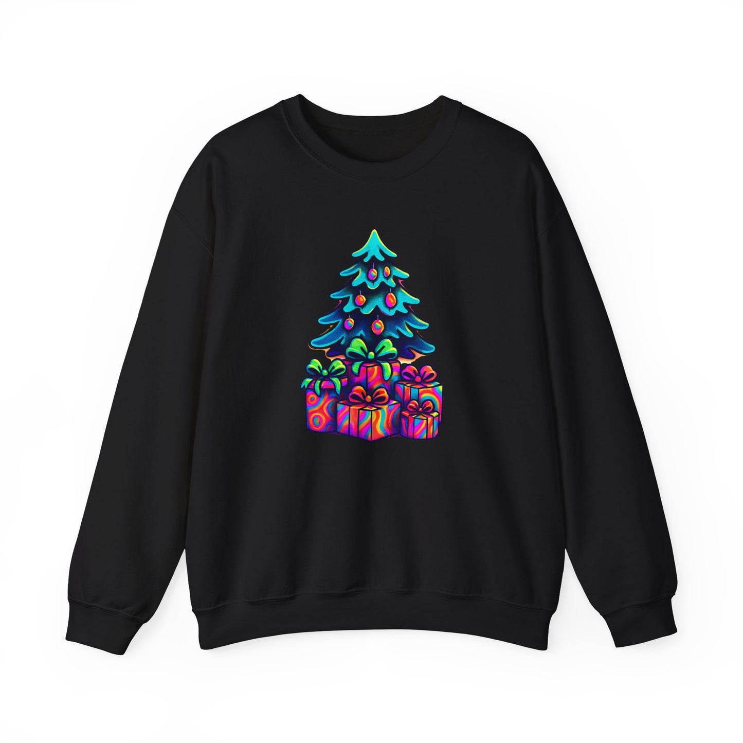 Psychedelic Christmas Tree Sweatshirt — Colorful Holiday Tree with Gifts Crewneck
