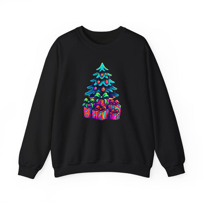 Psychedelic Christmas Tree Sweatshirt — Colorful Holiday Tree with Gifts Crewneck