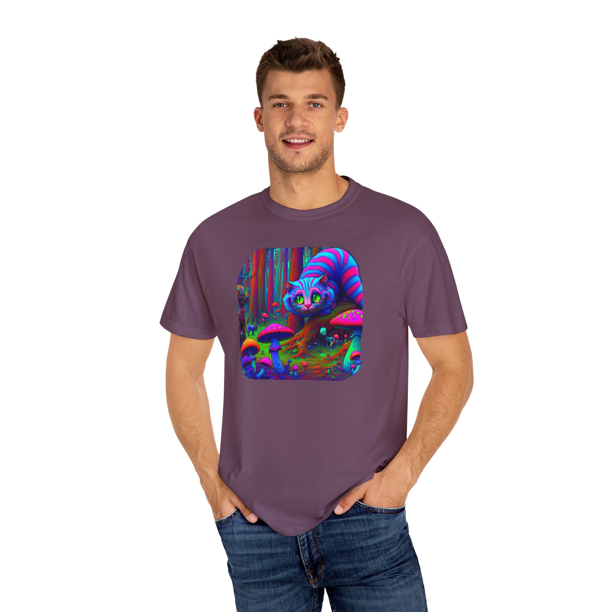 Curious Cat with mushrooms, Unisex Garment-Dyed T-shirt - Psychonaut Swag