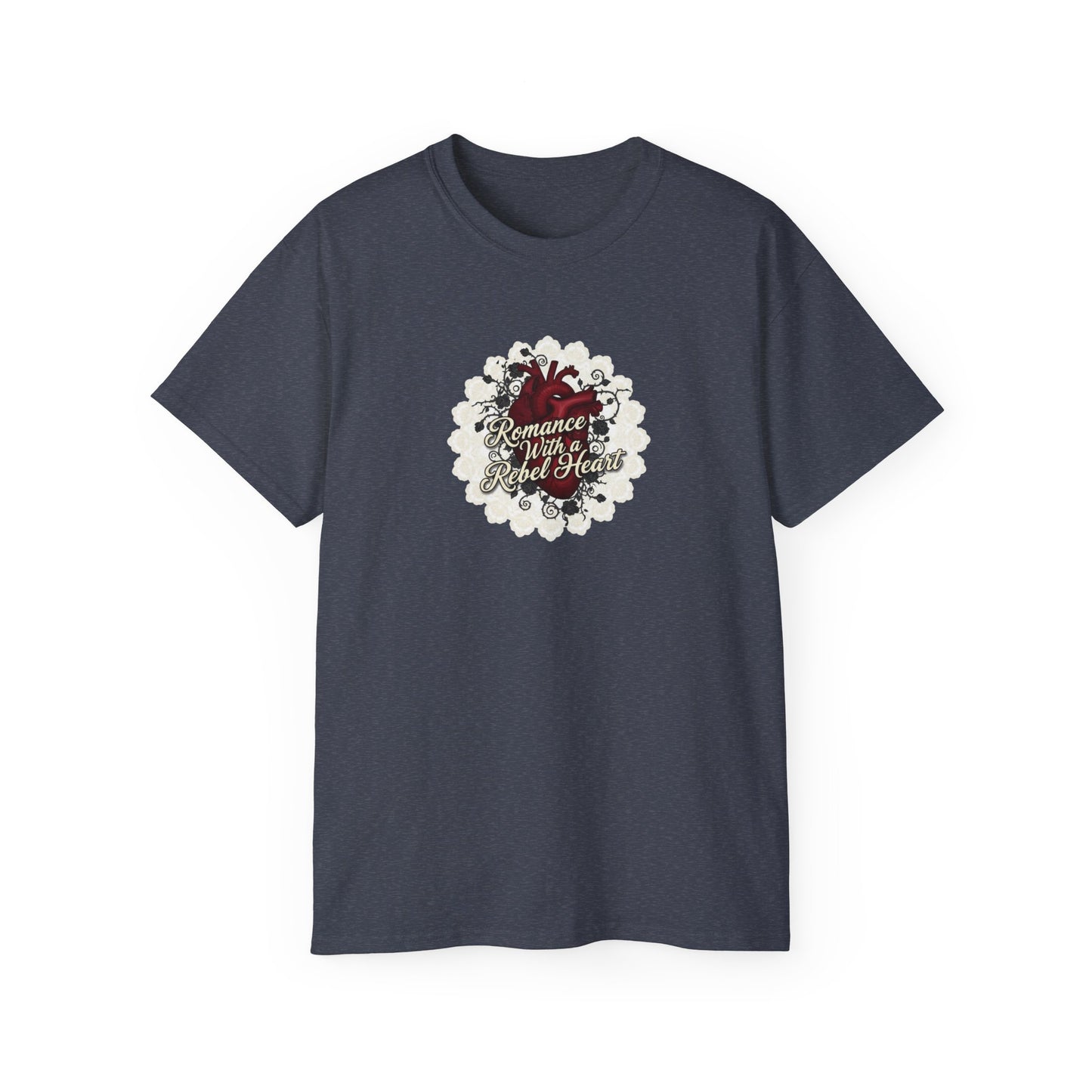 Romance with a Rebel Heart Tee — Gothic Floral Heart Graphic T-Shirt