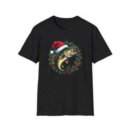 Christmas Wreath Bass Fishing T-Shirt — Santa Hat Fish Holiday Tee