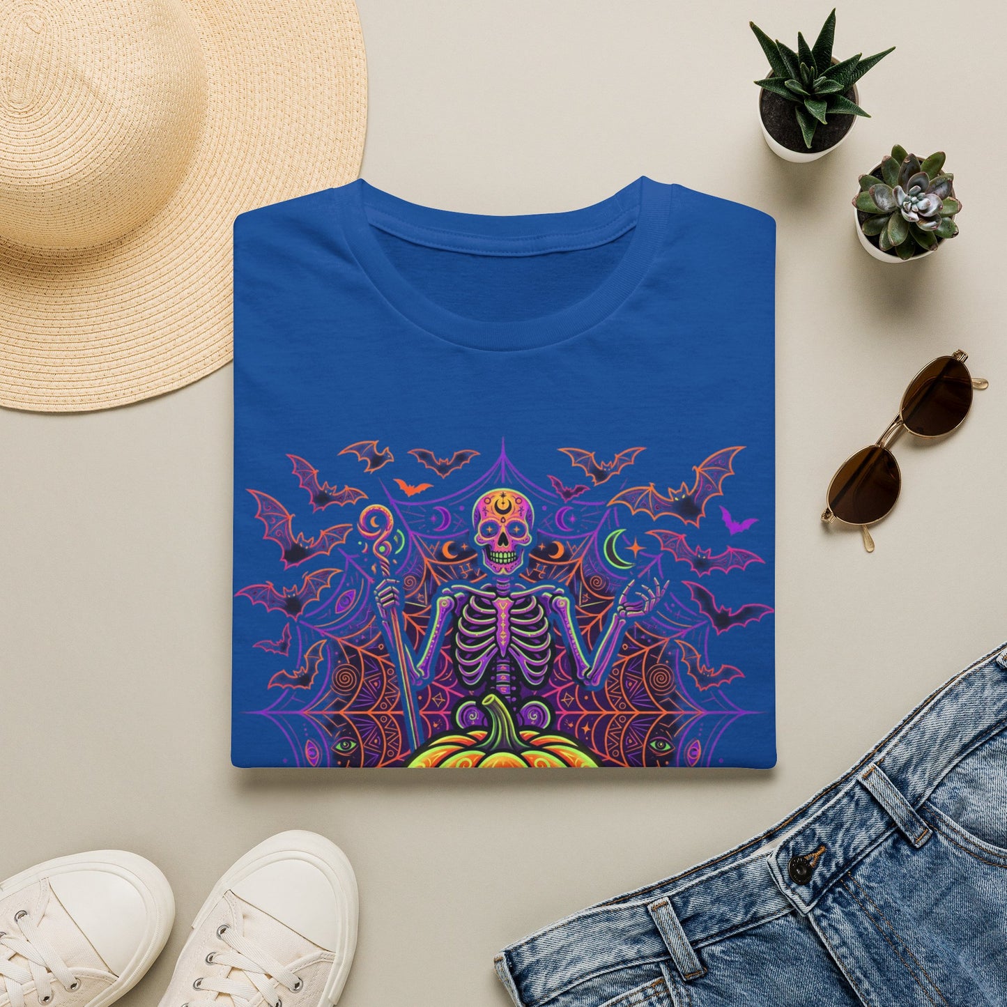 Skeleton Sorcerer Halloween T-Shirt — Jack-O'-Lantern & Bats Spooky Tee
