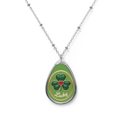 Lucky Shamrock Oval Necklace — Sterling Teardrop Pendant with Enamel Clover