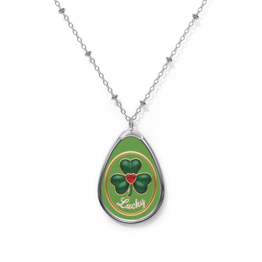 Lucky Shamrock Oval Necklace — Sterling Teardrop Pendant with Enamel Clover