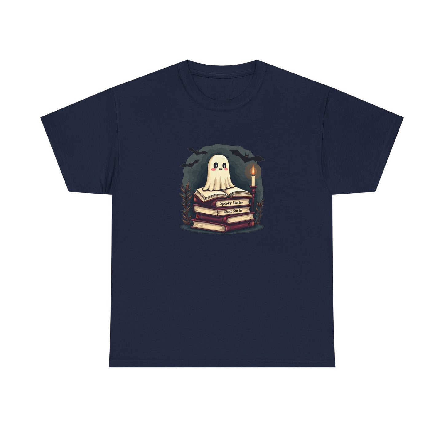 Ghost Reader T-Shirt — Cute Ghost on Stacked Books Halloween Tee