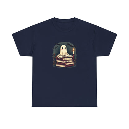 Ghost Reader T-Shirt — Cute Ghost on Stacked Books Halloween Tee