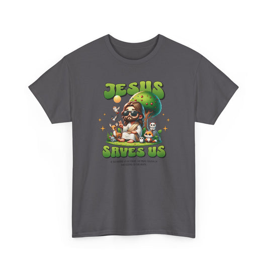 Jesus Saves Us T-Shirt — Cute Retro Jesus with Animals Christian Faith Tee
