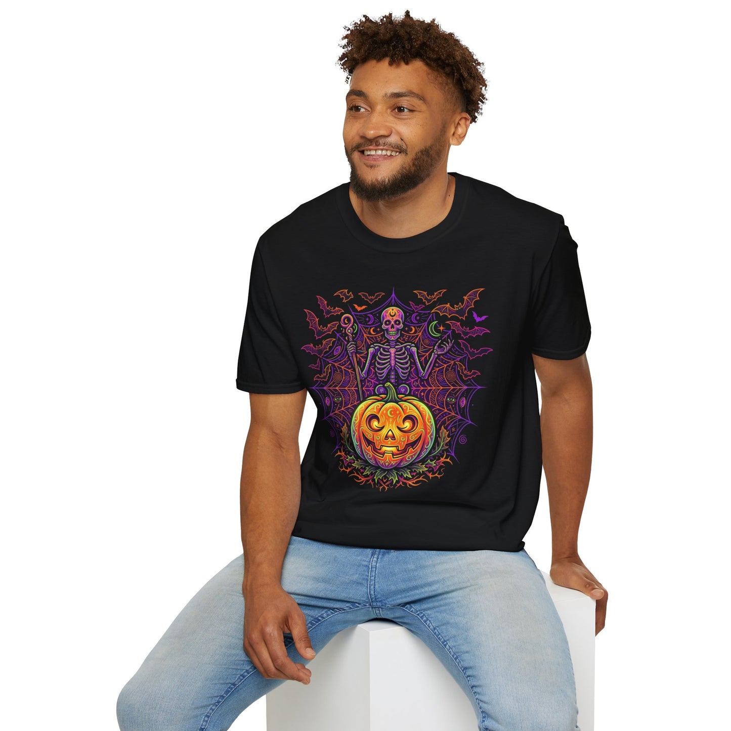 Skeleton Sorcerer Halloween T-Shirt — Jack-O'-Lantern & Bats Spooky Tee