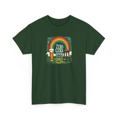 St. Patrick’s Day Tee — "Zero Lucks Given" Rainbow & Beer Graphic T-Shirt