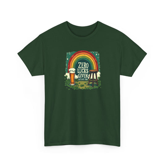 St. Patrick’s Day Tee — "Zero Lucks Given" Rainbow & Beer Graphic T-Shirt