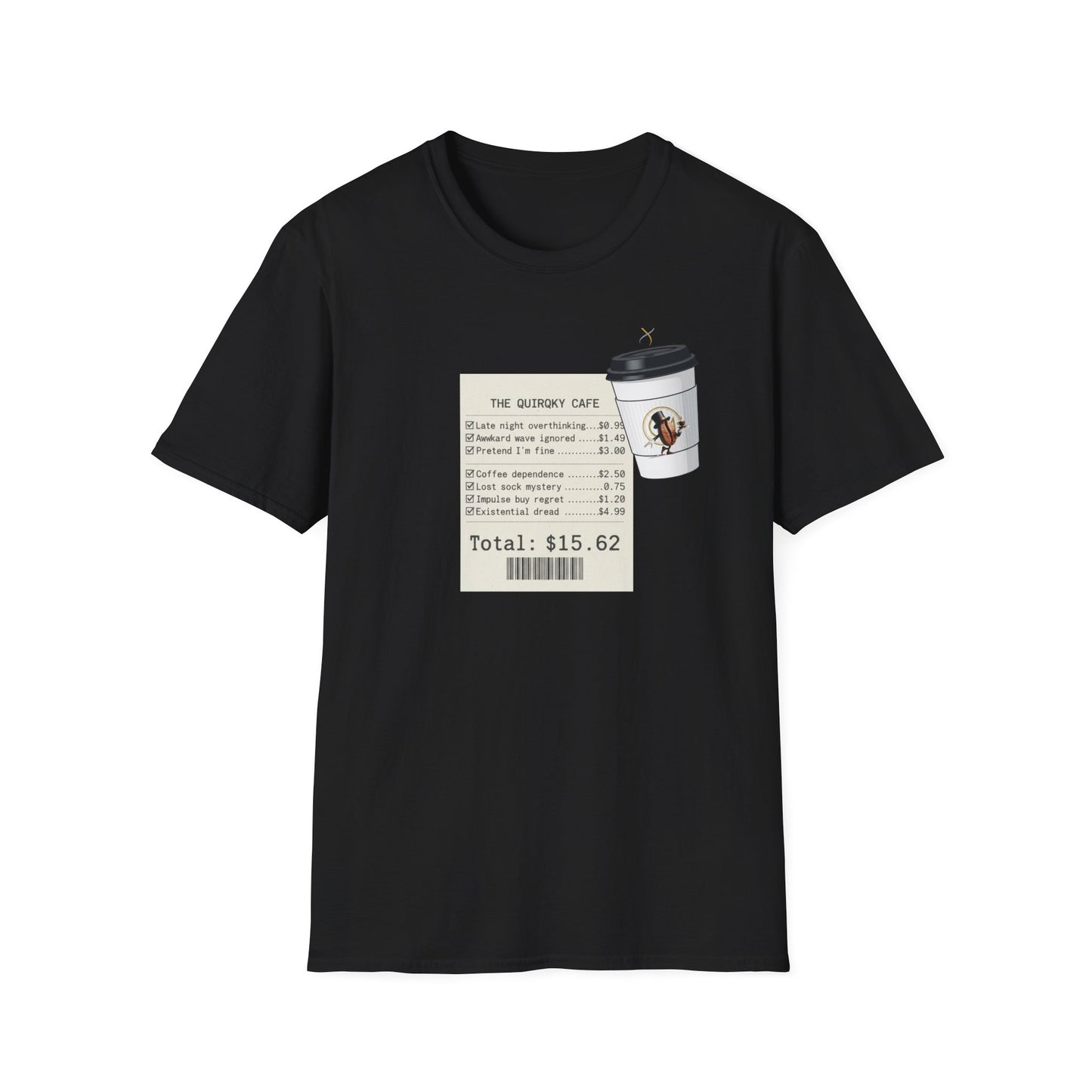 Coffee Receipt T-Shirt — 'The Quirky Cafe' Funny Coffee Order Receipt Tee