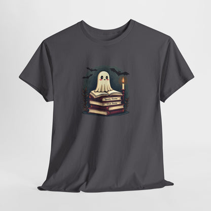 Ghost Reader T-Shirt — Cute Ghost on Stacked Books Halloween Tee