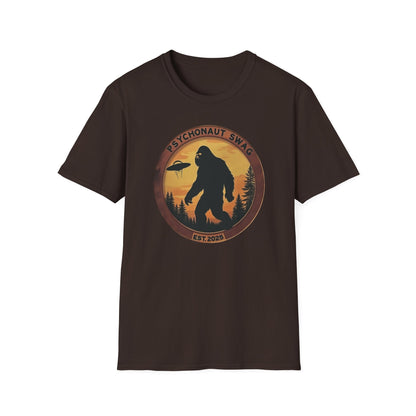 Bigfoot and UFO, Unisex Softstyle T-Shirt, Trendy Graphic Tee, Funny Bigfoot Shirt, Adventure Apparel, Gift for Nature Lovers