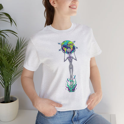 Alien Holding Earth Graphic Tee — Cosmic Sci‑Fi Alien Shirt