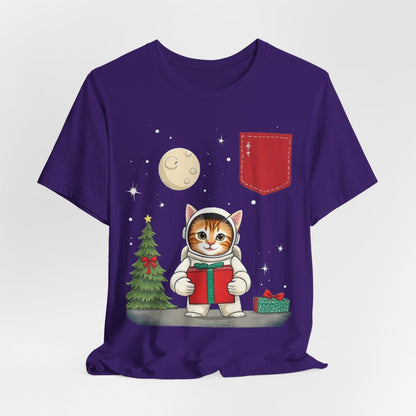 Christmas Cat Faux Pocket — Cute Holiday Cat Holding Gift Night Sky T-Shirt