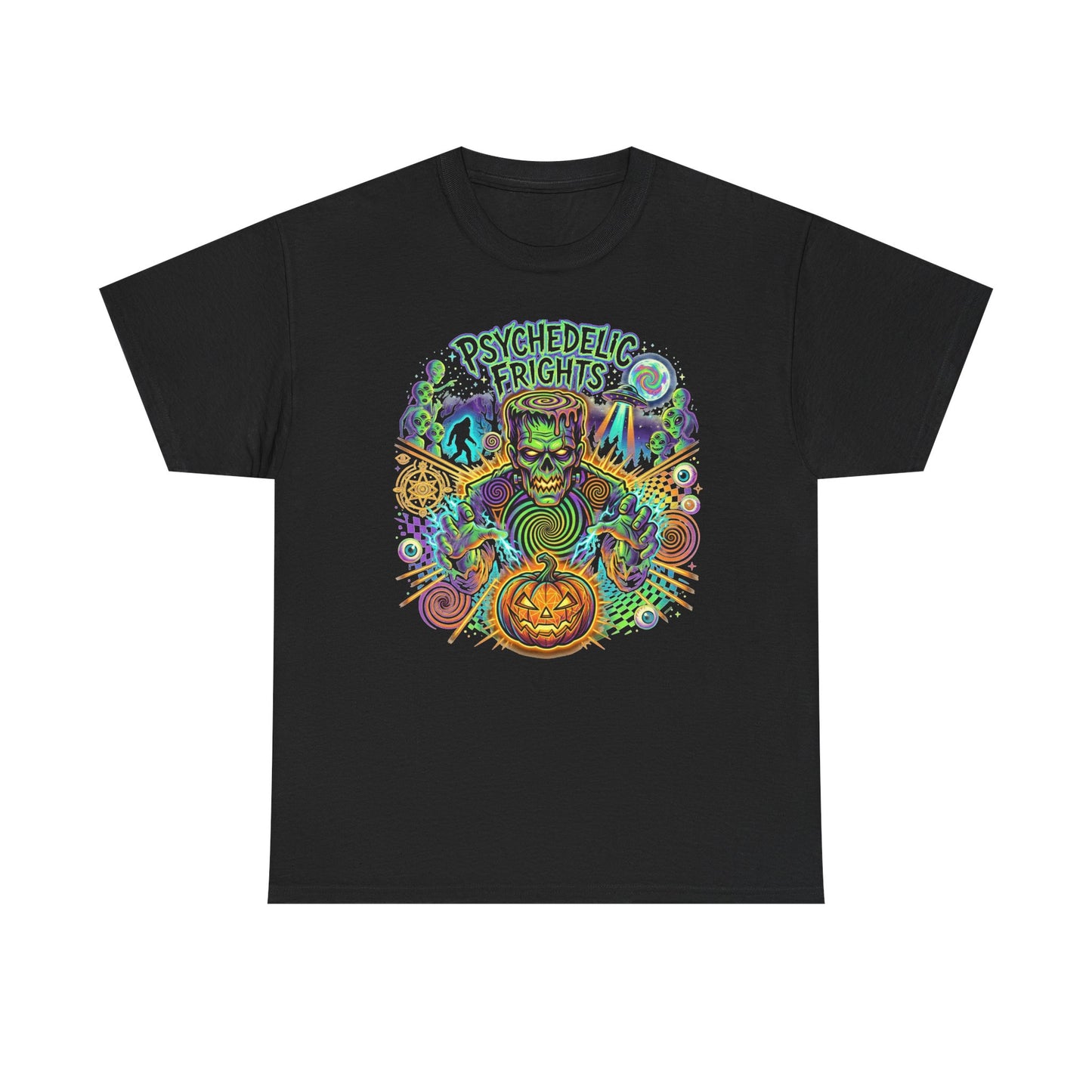 Psychedelic Monsters Halloween Tee — Spooky Pumpkin and Sasquatch Horror Graphic T-Shirt