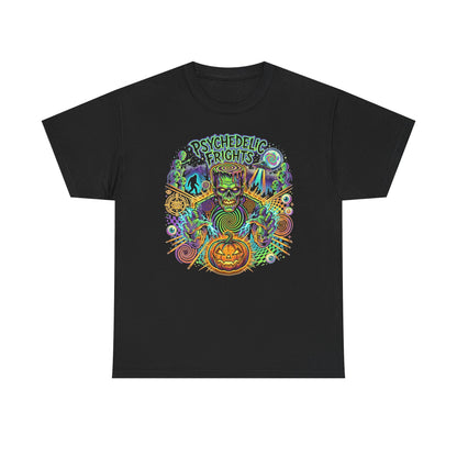 Psychedelic Monsters Halloween Tee — Spooky Pumpkin and Sasquatch Horror Graphic T-Shirt
