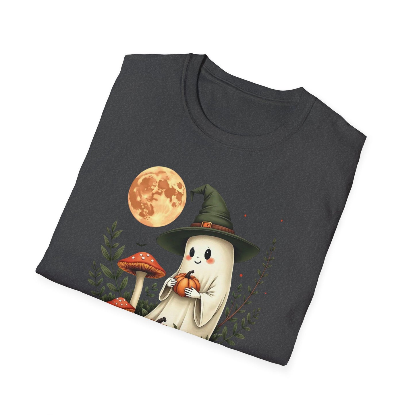Ghost Witch T‑Shirt — Cute Halloween Moon, Pumpkin & Mushroom Design