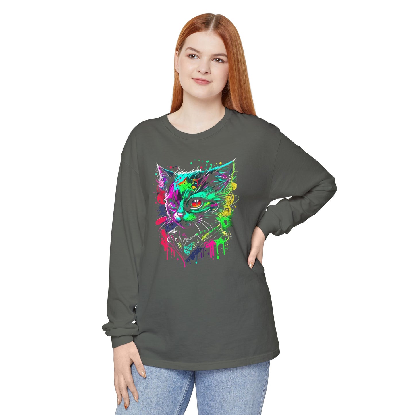 Psychedelic Cat, Unisex Garment-dyed Long Sleeve T-Shirt