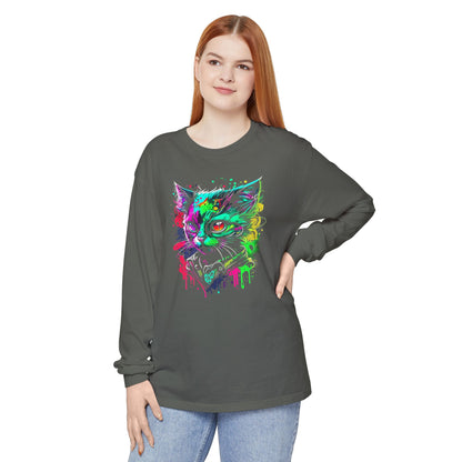 Psychedelic Cat, Unisex Garment-dyed Long Sleeve T-Shirt