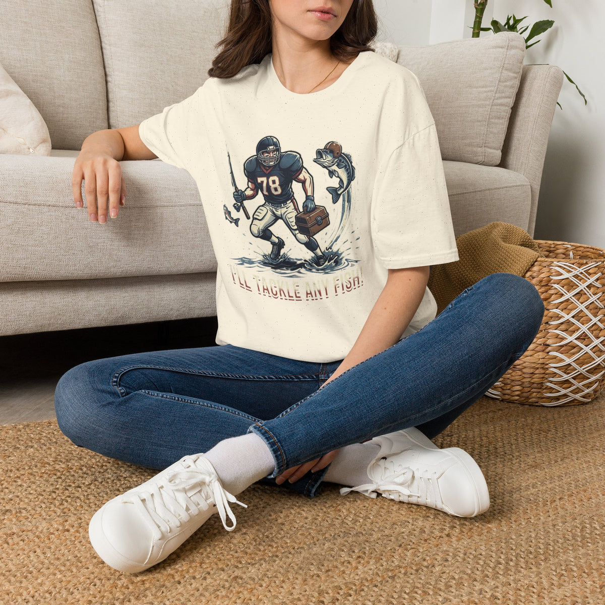 Football Fisherman T‑Shirt – Vintage Helmeted Player Catching Fish Graphic