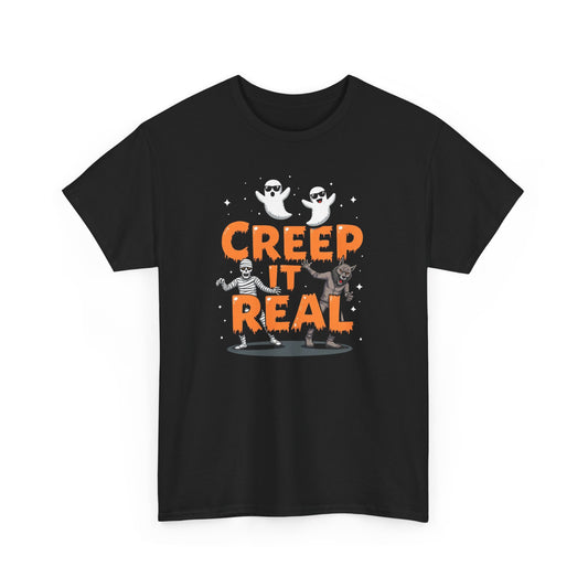 Creep It Real Unisex Heavy Cotton Tee, Halloween Shirt, Fall Apparel, Spooky Season, Ghost Theme, Unisex Casual Wear