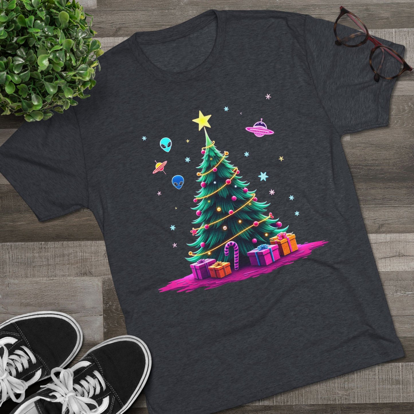 Alien visitors Christmas tree, Unisex Tri-Blend Crew Tee