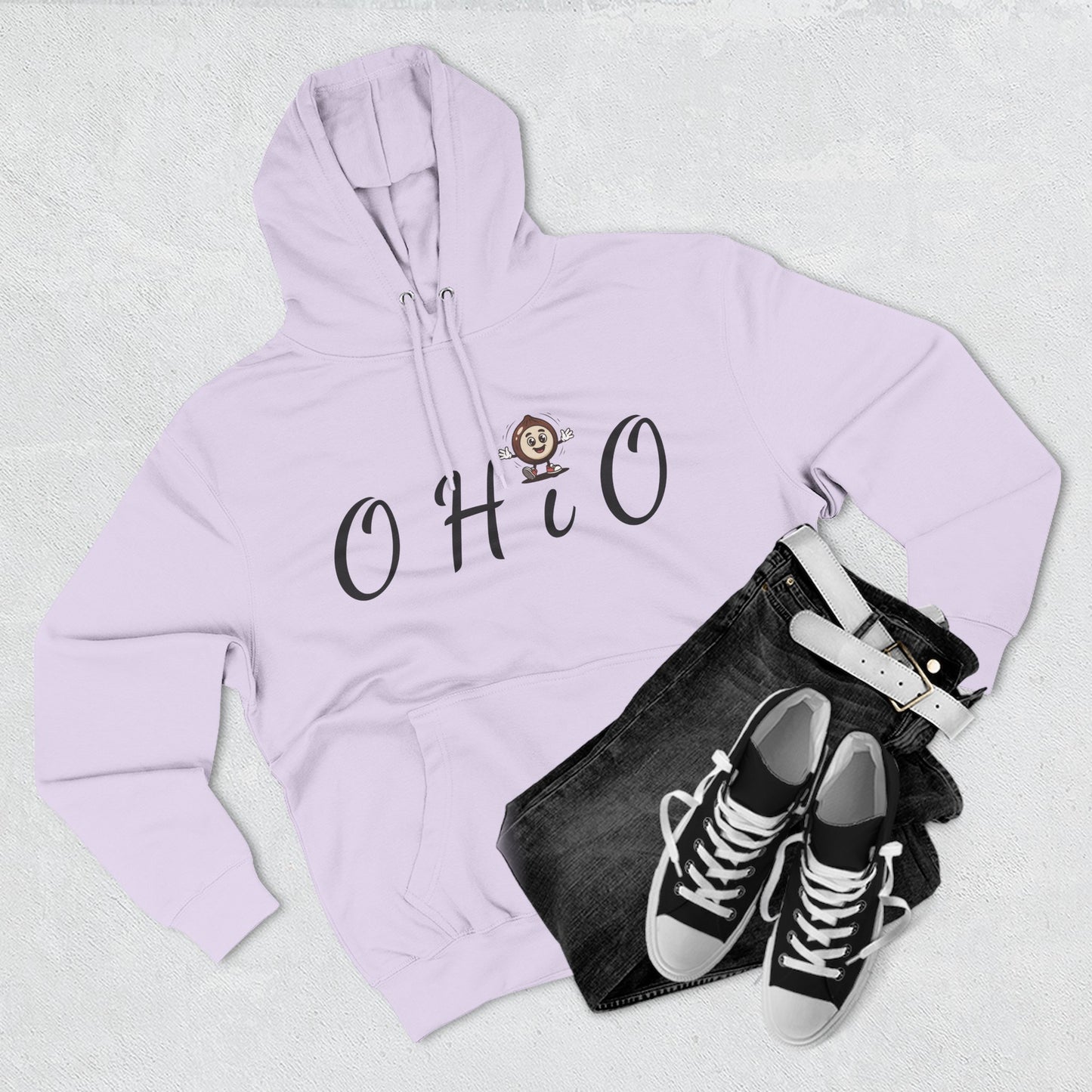 Ohio Script Hoodie with Cute Buckeye Mascot