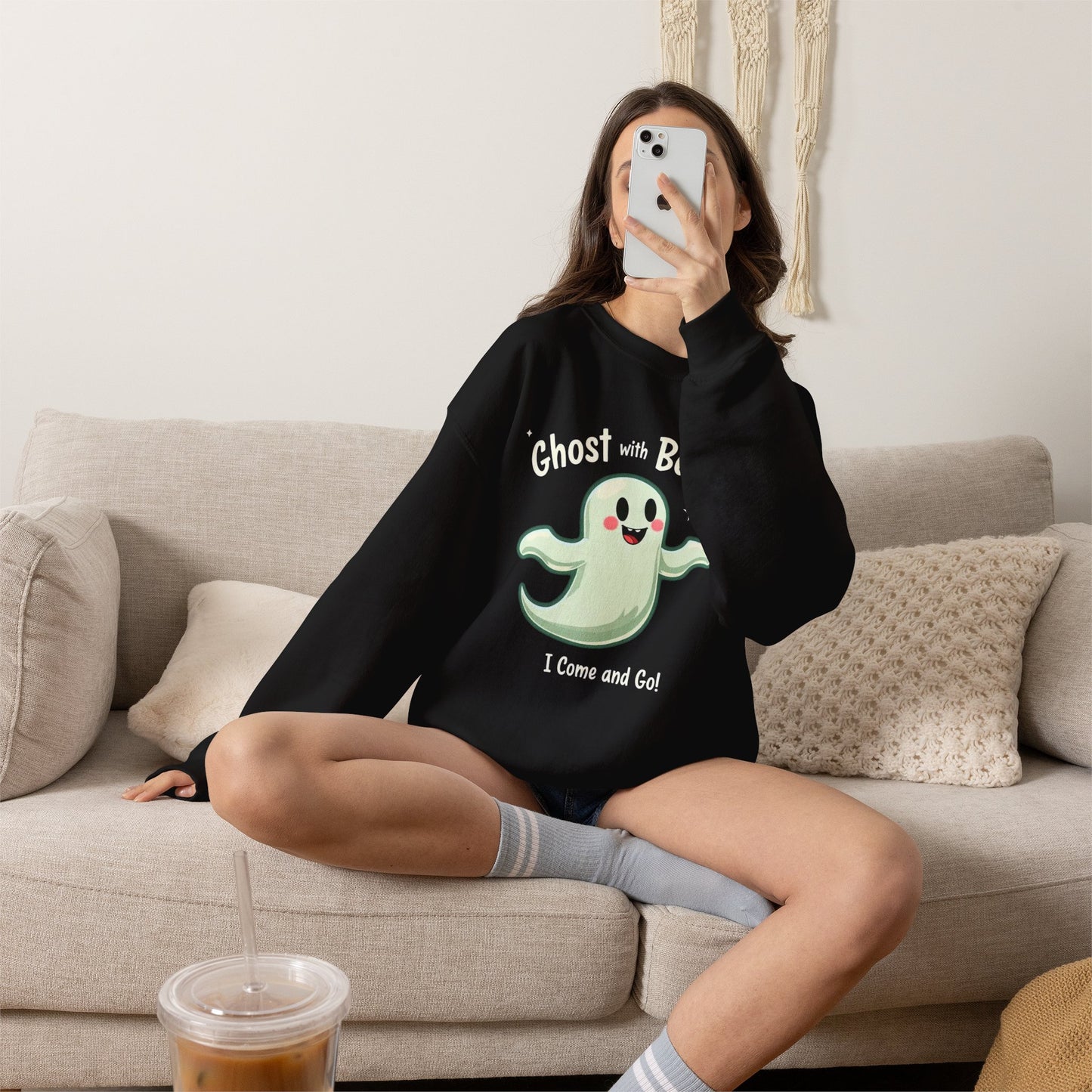 Ghost with Benefits Crewneck Sweatshirt — Cute Halloween Ghost Graphic