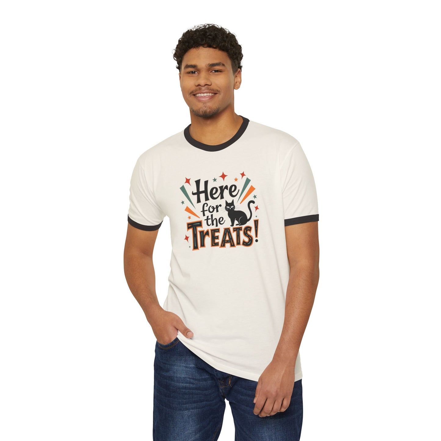 Here for the Treats! Halloween Cat Ringer T-Shirt