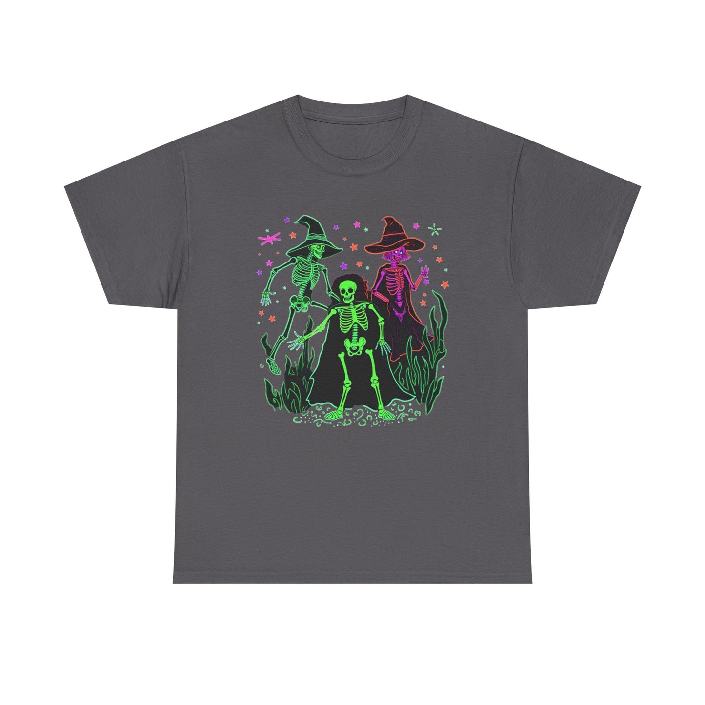 Halloween Neon Witches & Skeleton Tee — Retro Spooky Graphic T-Shirt