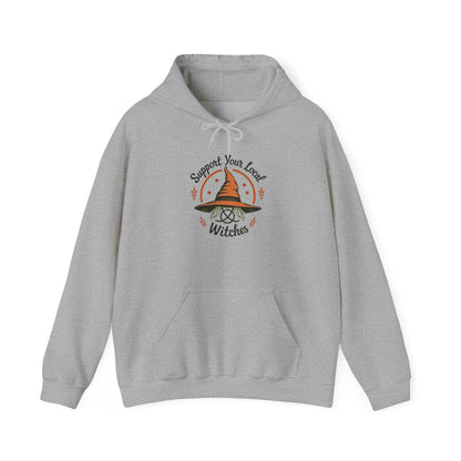 Support Your Local Witches Hoodie — Cute Witch Hat Graphic Pullover for Halloween