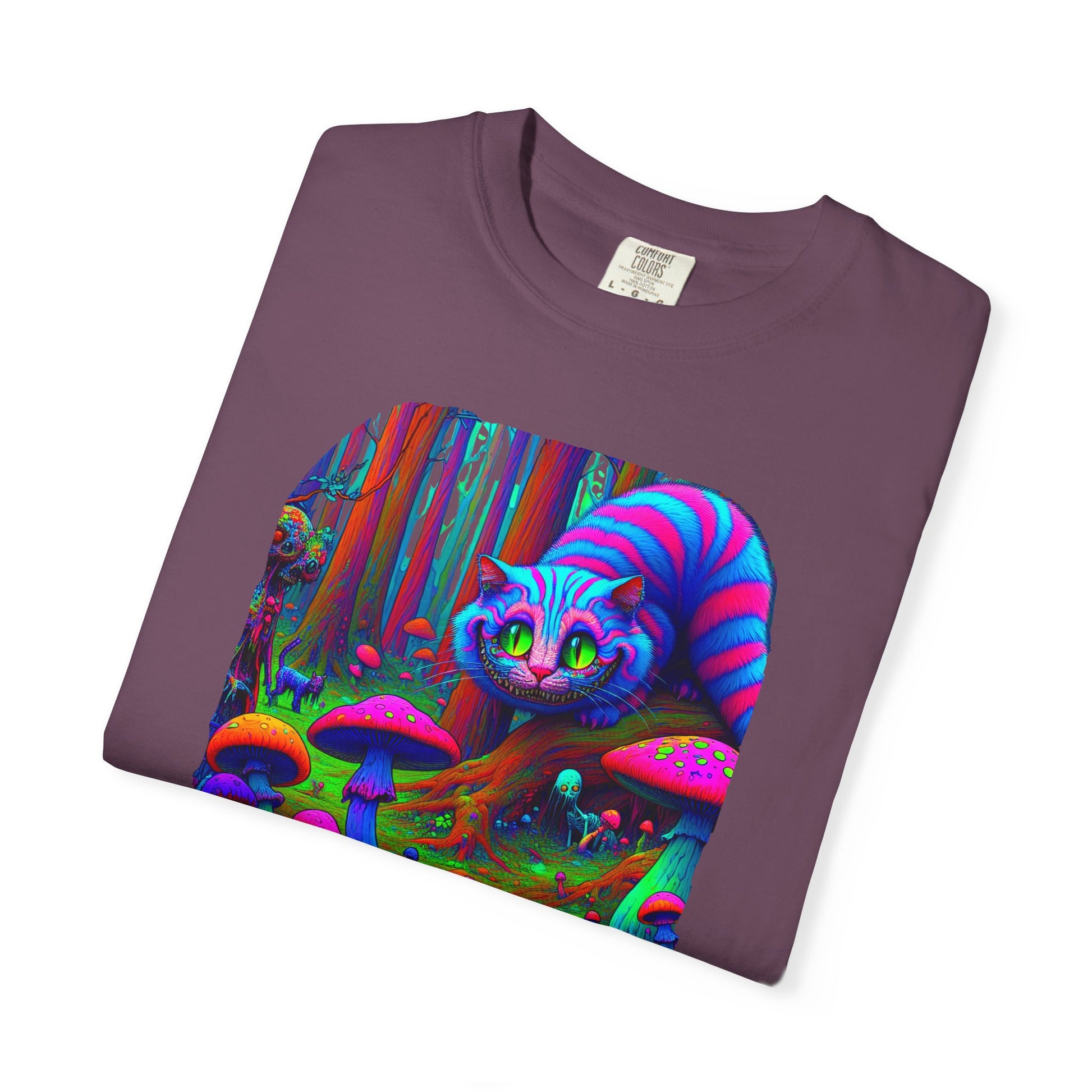 Curious Cat with mushrooms, Unisex Garment-Dyed T-shirt - Psychonaut Swag
