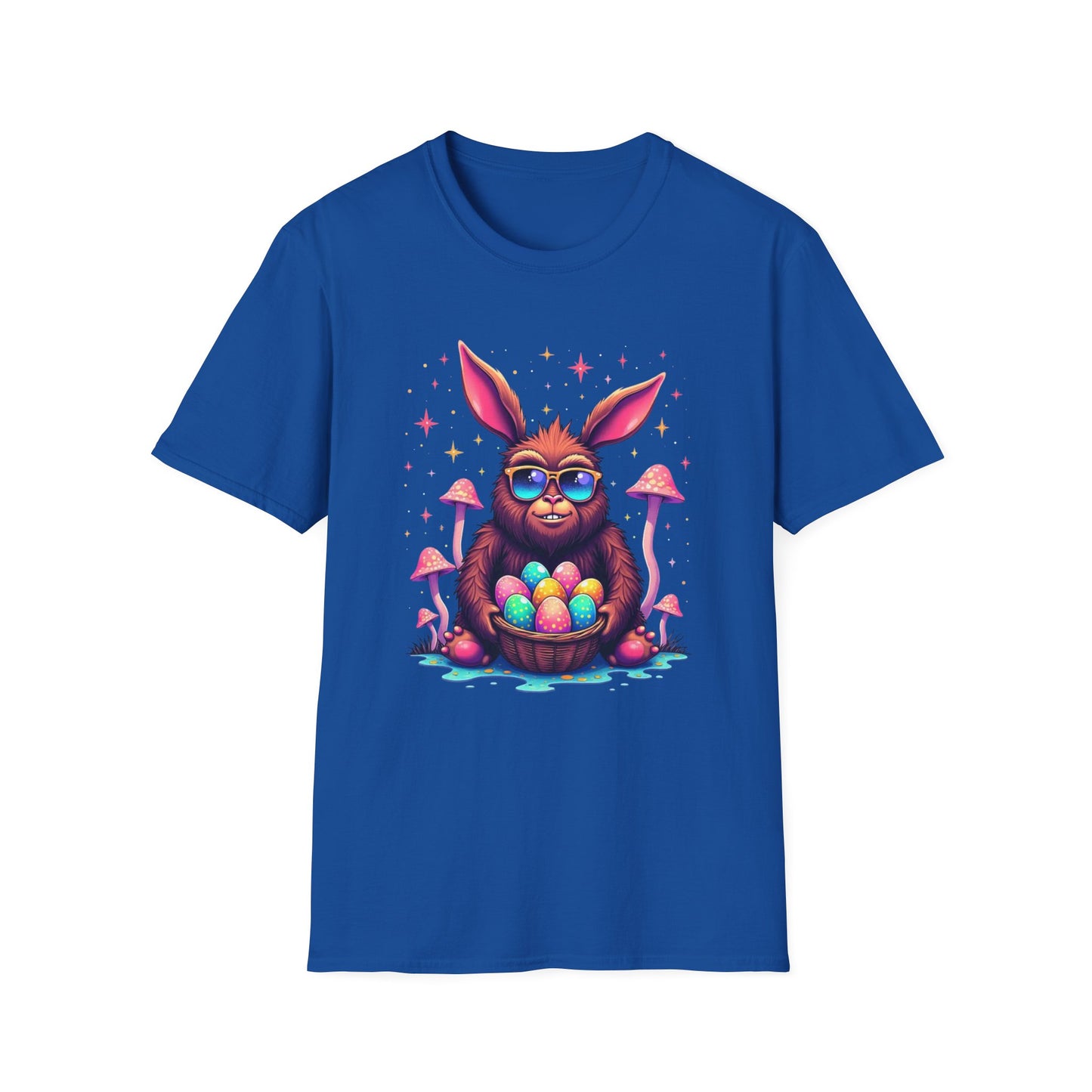Easter Bunny Sasquatch T-Shirt — Colorful Psychedelic Bunny with Egg Basket