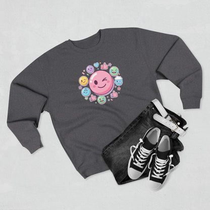 Emoji Smile Crewneck Sweatshirt — Cute Winking Face & Icon Circle Design