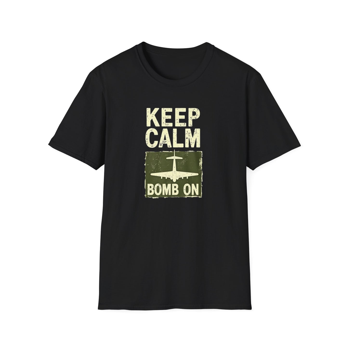Keep Calm and Bomb On Unisex Softstyle T-Shirt, Casual Wear, Gift for Veterans, Military Humor, Comfortable Tees