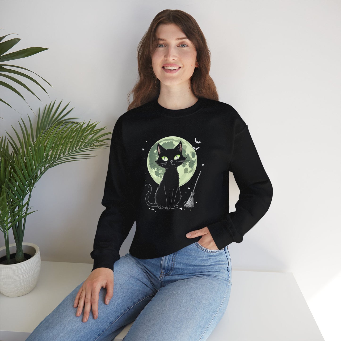 Black Cat Moon Crewneck Sweatshirt — Cute Witchy Cat Graphic