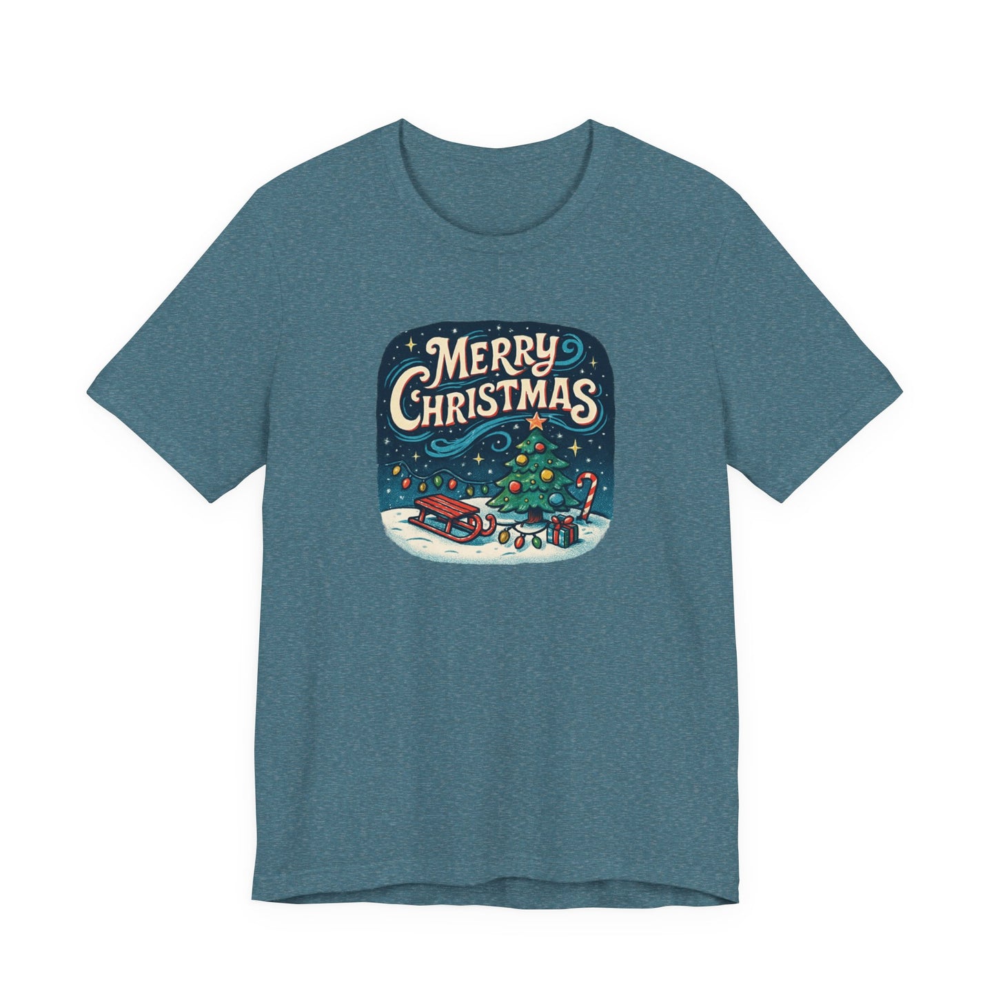Merry Christmas Tee — Vintage Holiday Tree & Sled Graphic T-Shirt