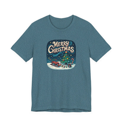 Merry Christmas Tee — Vintage Holiday Tree & Sled Graphic T-Shirt