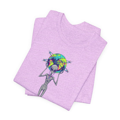 Alien Holding Earth Graphic Tee — Cosmic Sci‑Fi Alien Shirt