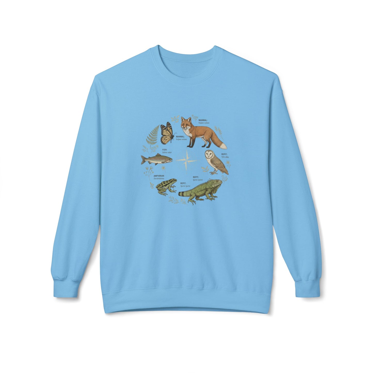 Wildlife Circle Crewneck Sweatshirt — Forest Fox, Owl & Frog Nature Illustration