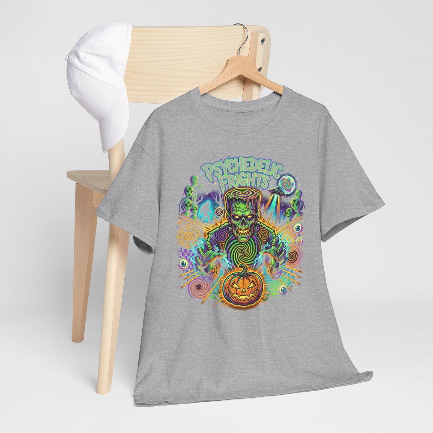 Psychedelic Monsters Halloween Tee — Spooky Pumpkin and Sasquatch Horror Graphic T-Shirt