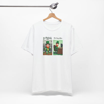 St. Patrick's Day Leprechaun Funny Cartoon T-Shirt — "St. Patrick's Day / The Day After" Tee